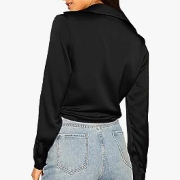 Shein Long Sleeve Self Tie Knot Front Satin Crop Top - Picture 2 of 9